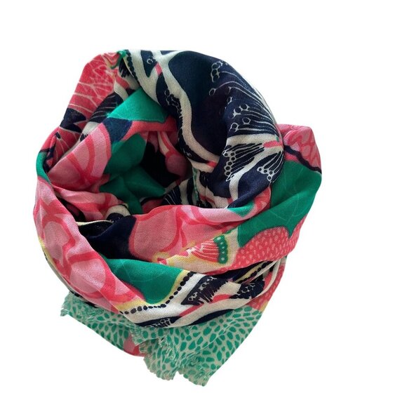 Floral Scarf Oblong Vibrant Flower Pink Navy Frayed Ends Fringe Long Wrap Hijab - Picture 12 of 13